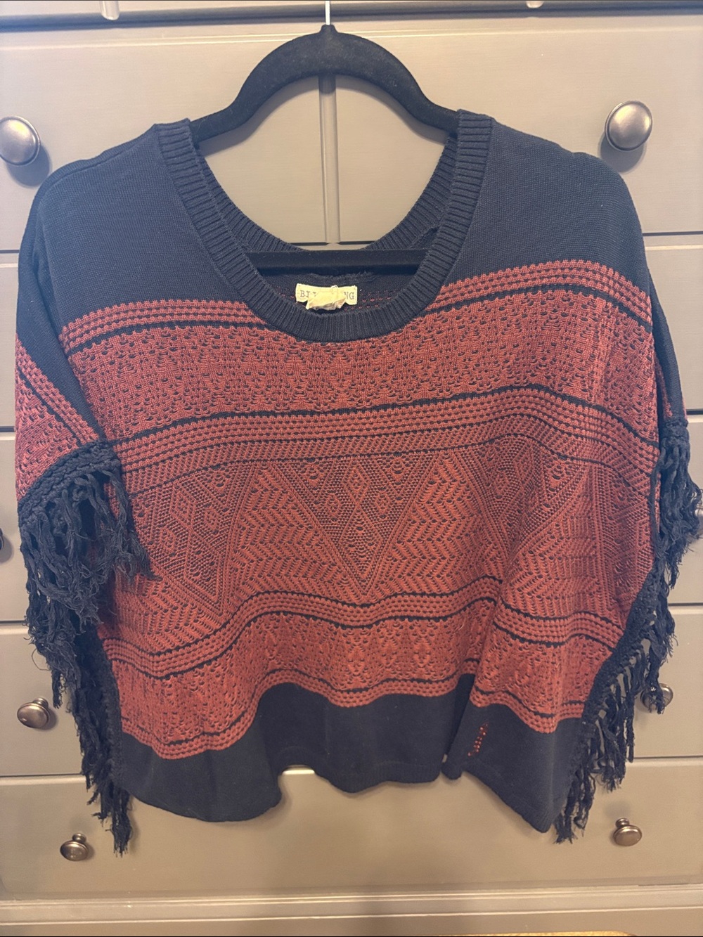Billabong Rust and Navy Fringe Knit Poncho